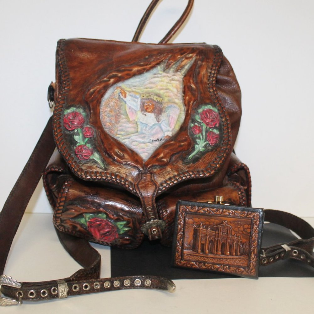 New Handmade Tooled Roses Angel Backpack & Wallet - Picture 3 of 16